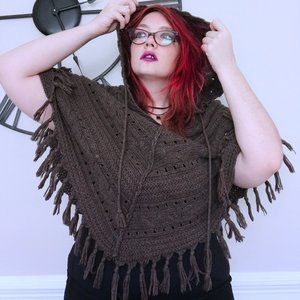 Brown Hooded Poncho with Fringe